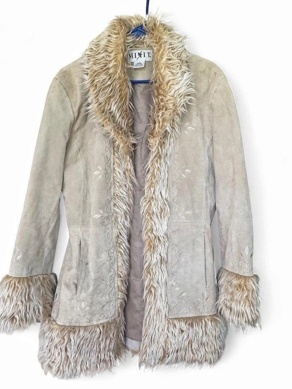 MIXIT Large Genuine Leather Faux Fur Embroidered Penny Lane Coat